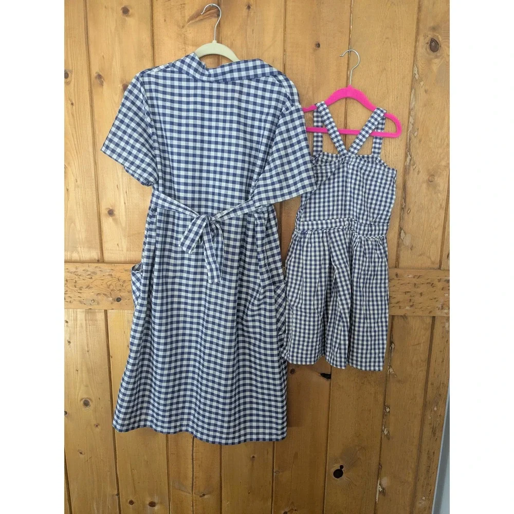 Vintage Handmade Mommy and Me Gingham Dress Set Navy Blue Cottagecore Matching